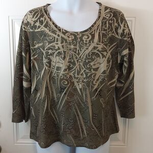 Equation olive green printed 3/4 sleeve blouse